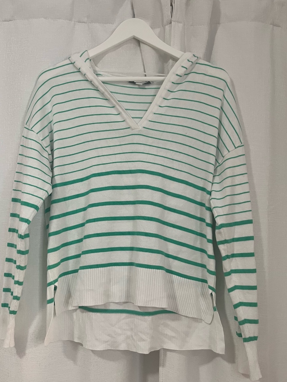 Madison Grey White Hooded Sweater with Green Stripes Large